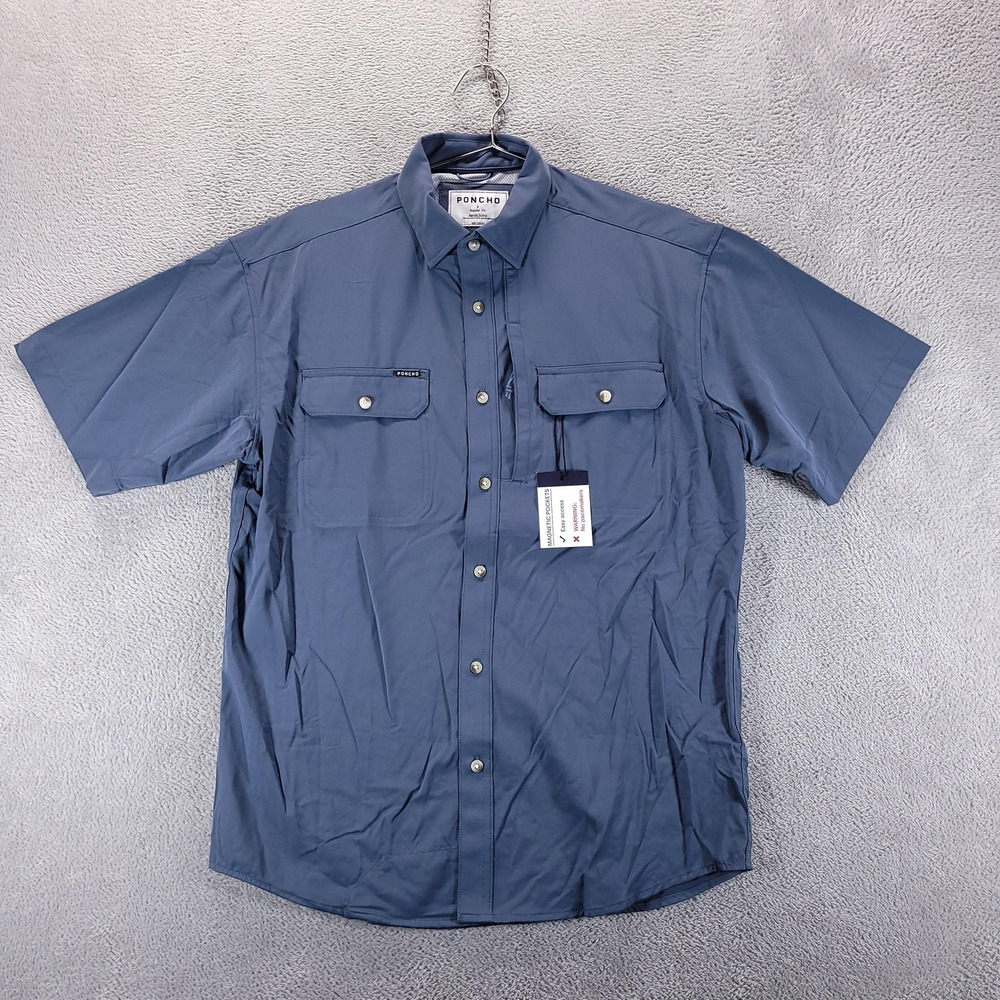 Poncho Shirt Mens S Blue Short Sleeve Button Up Magnetic Pockets Quick Dry